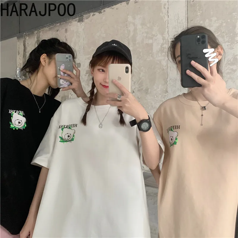 

Harajpoo Couple T-Shirt 2021 Summer Korean INS Trendy Hip-Hop Harajuku Style Cartoon Bear Print Short-Sleeve Round Neck Pullover