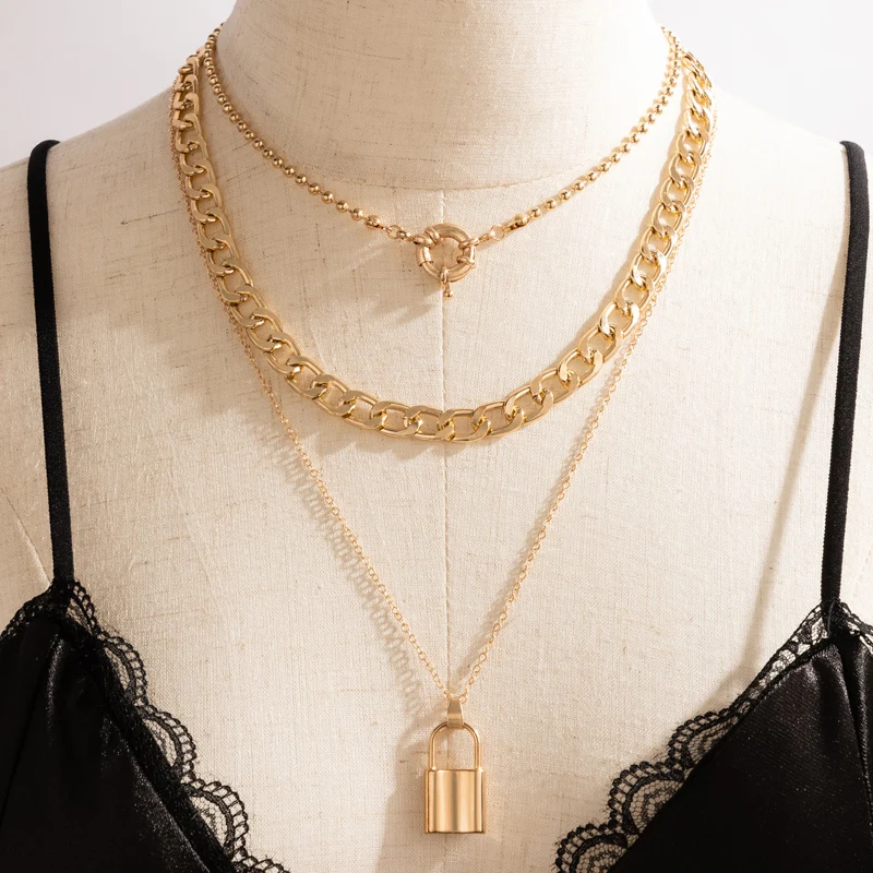 

Tocona Punk Metal Lock Pendant Neckalce for Women Men Thick Cuban Chain Multi-layer Geomtric Chain Choker Jewelry Collar 17608