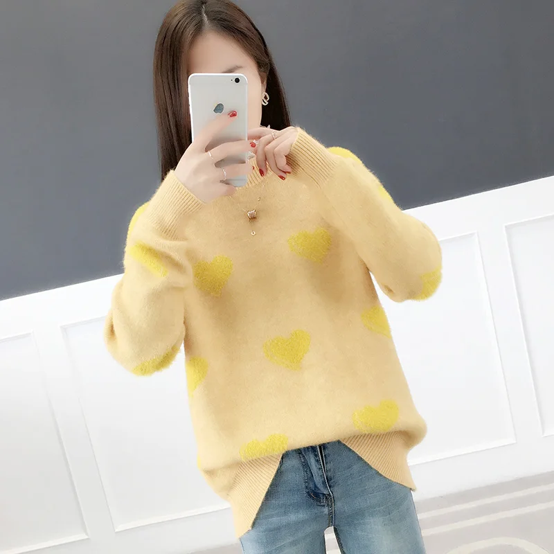 Свитер с сердечками кавайный шерстяной мохеровый бархатный женский пуловер