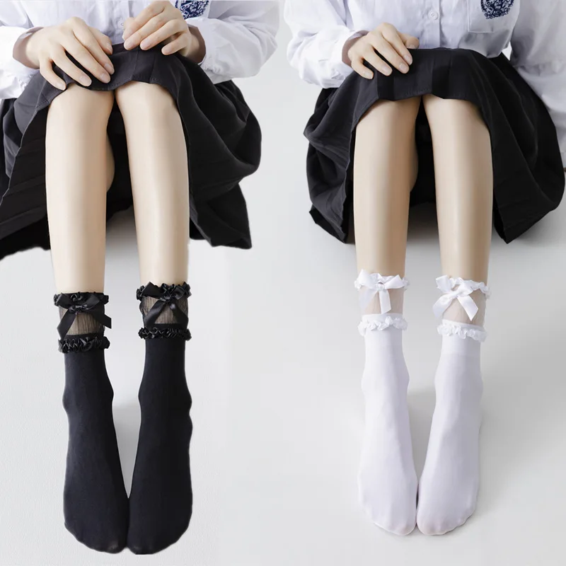 

Lolita Lace Bowknot Transparent Hollow Cute Glass Silk Summer Thin Velvet Black and White Calf Socks College Wind Short Socks