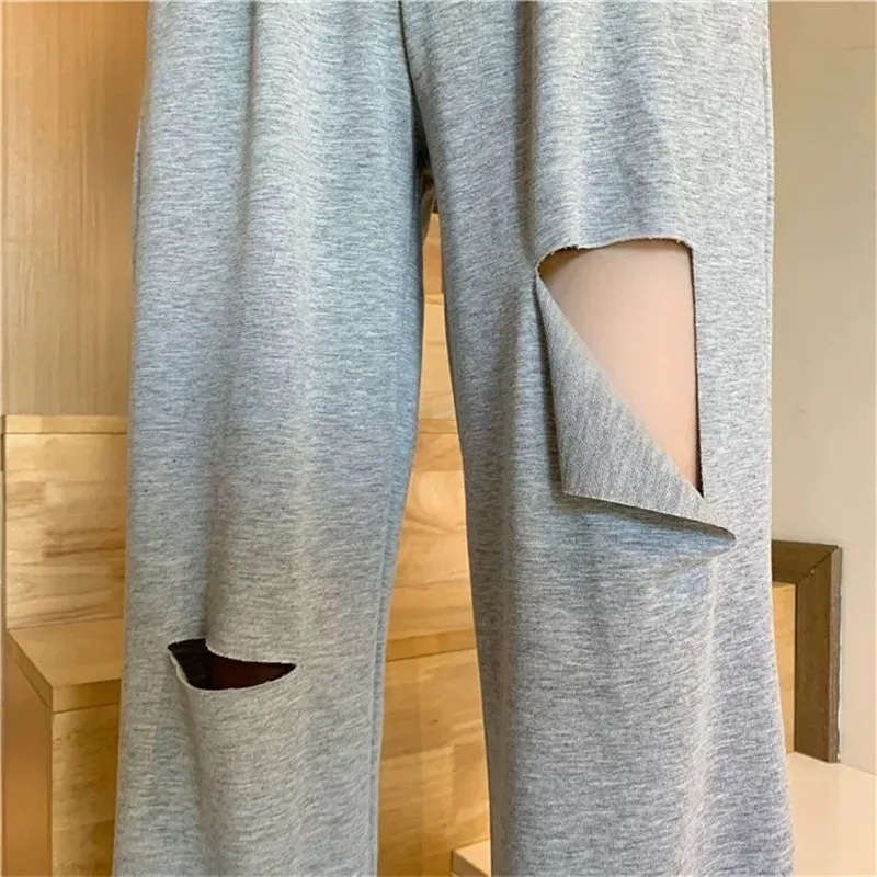 

Summer 2021 New Hole Pant Female Streetwear Straight Loose Black Gray Sweatpants Wide Pants Woman High Waist Trousers