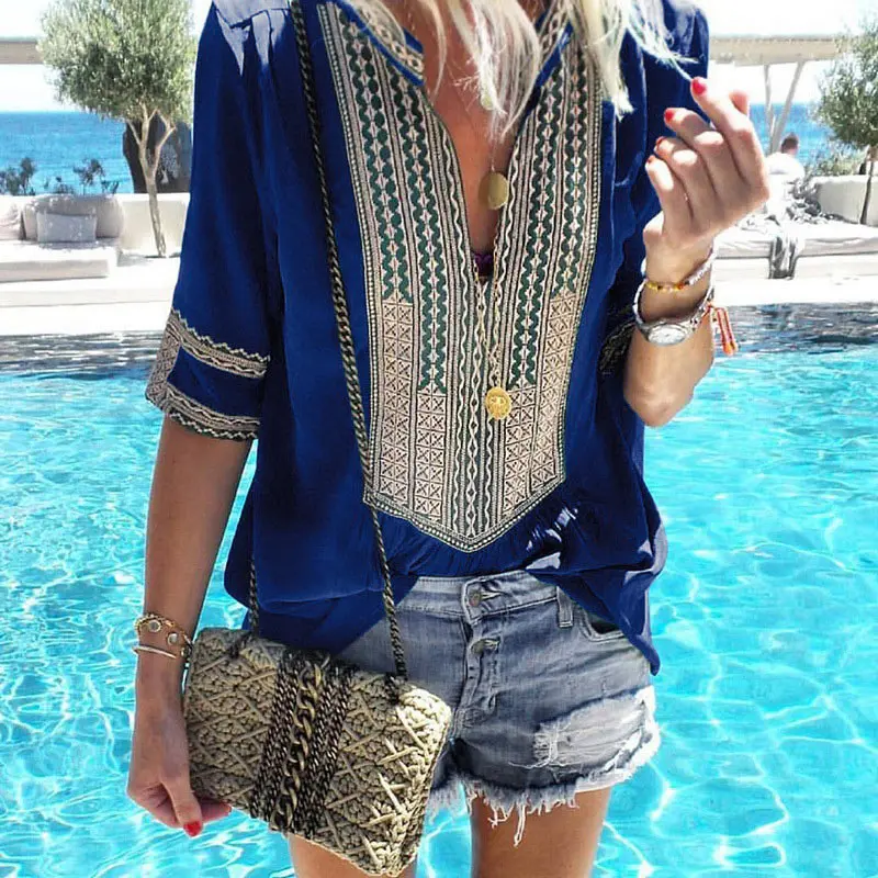 

Women Boho Stripe V-Neck Short Sleeve Casual Blouse Tops for Summer JL