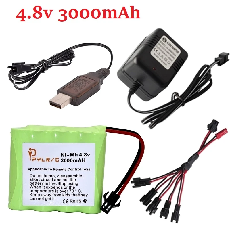 4 8v 3000mah nimh battery sm plug and charger for rc toys cars tanks robots boats guns ni mh aa 4 8 v battery pack toy accessory free global shipping