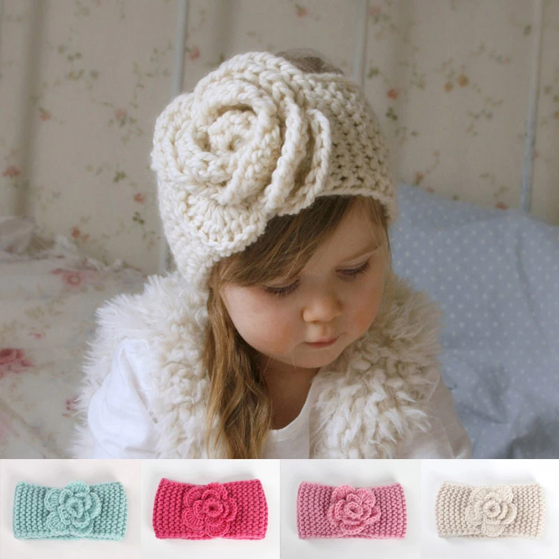 Детский вязаный ободок с цветами детский бант тюрбан головной зимний теплый для