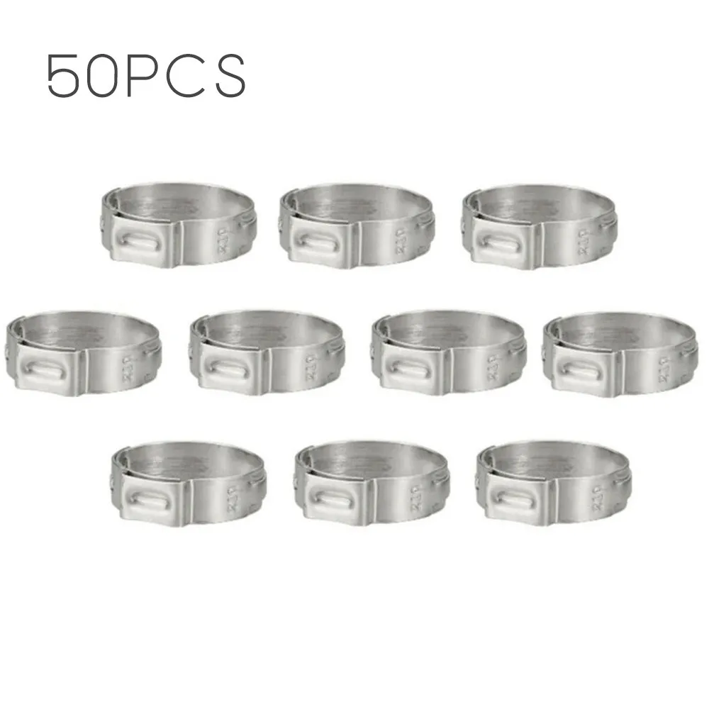 

50 Pack 5/8'' Stainless Steel Clamp Cinch Ring Crimp Pinch Fitting Single Ear Stepless Hose Clamps