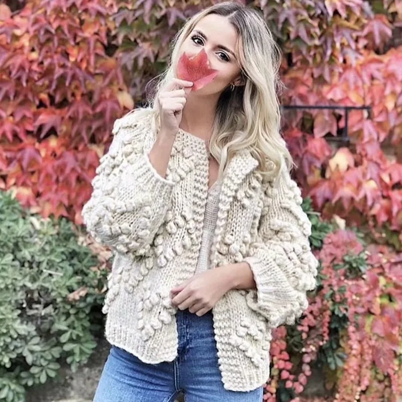 

Autumn Winter Women's Coarse Wool Knitted Cardigan Three-dimensional Ball Decorative Bubble Sleeve Crop Sweater Jacket