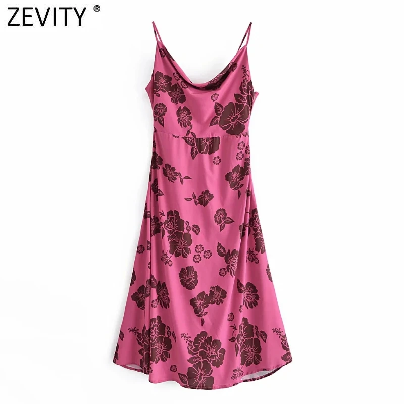 

Женское элегантное платье-миди Zevity с V-образным вырезом и цветочным принтом, повседневное атласное платье на бретельках, женское шикарное п...