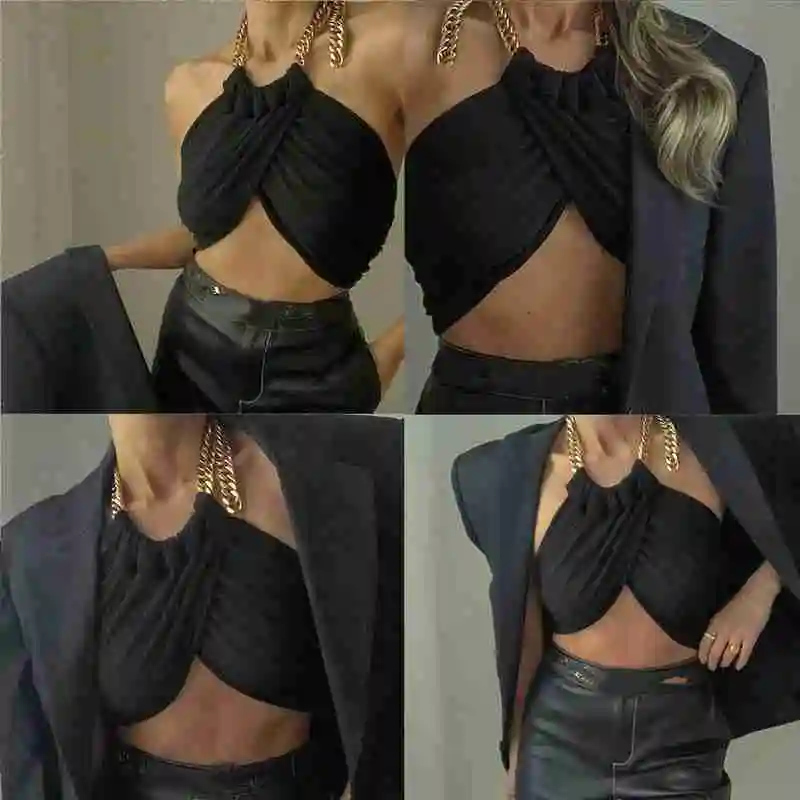 

Summer Women's Sexy Halter Chain Crop Top Black Backless top Wrap top Female Vest Tops Camisole Cropped Streetwear corset T H4H9