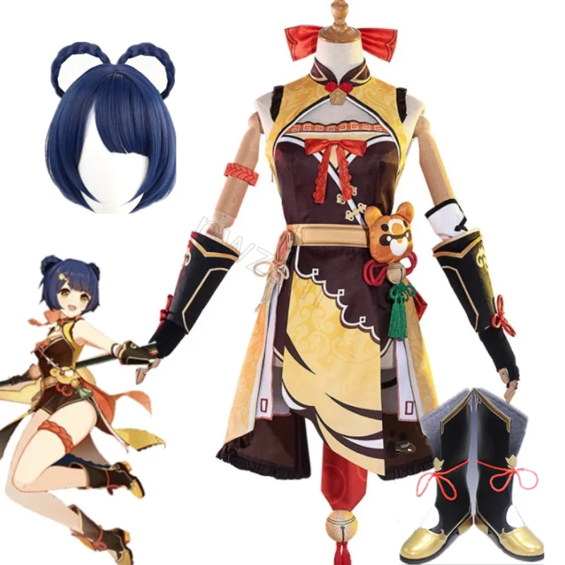 

Костюм для косплея игры Genshin Impact Xiangling, синие короткие 8-образные косички из волос, аксессуары для Хэллоуина, Рождества, ролевых игр