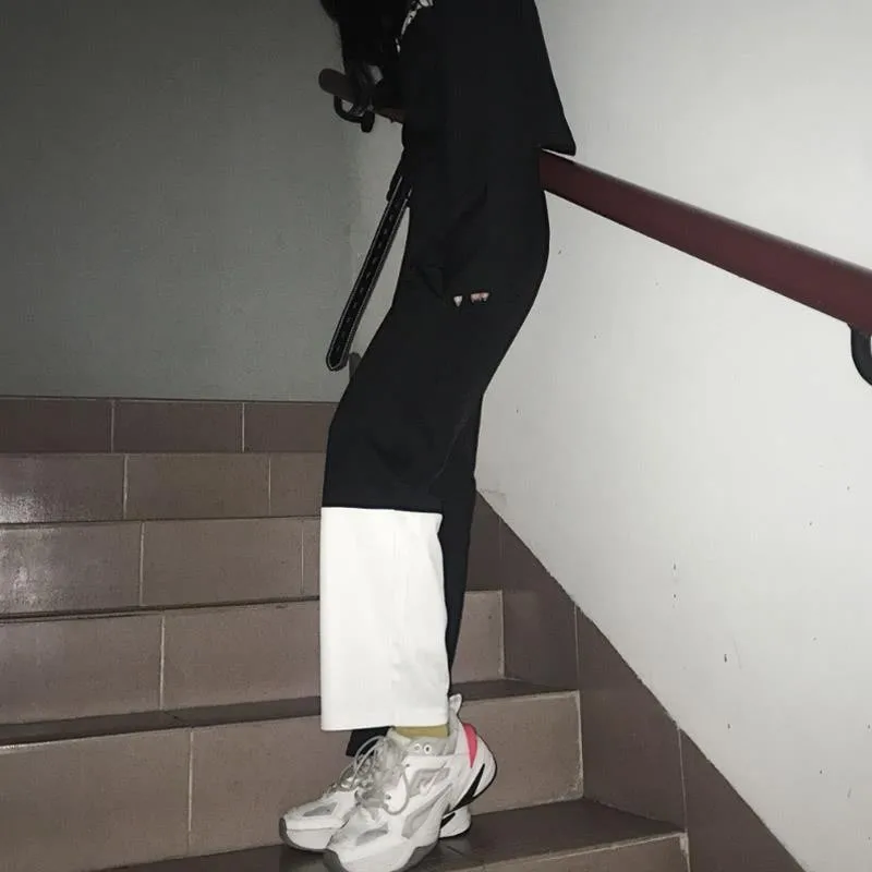 Harajuku черный белый цвет контрастные штаны пэчворк женские длинные брюки с высокой