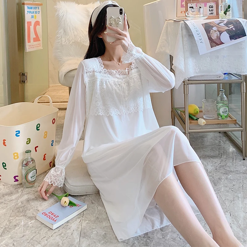 

Harajpee Princess Style Nightdress Women's Autumn Pajamas Mesh Pure Cotton Bright Powder Long Sleeve New Summer Home Clothes