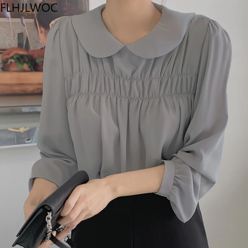 

Korea Chic Tops Japanses Cute Sweet Girls Lady Flhjlwoc Design Solid Peter Pan Collar Single Breasted Women Shirts