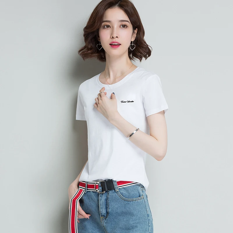 Новая мерсеризованная хлопковая тонкая белая футболка и топ с коротким рукавом для женщин летом 2019 чистого