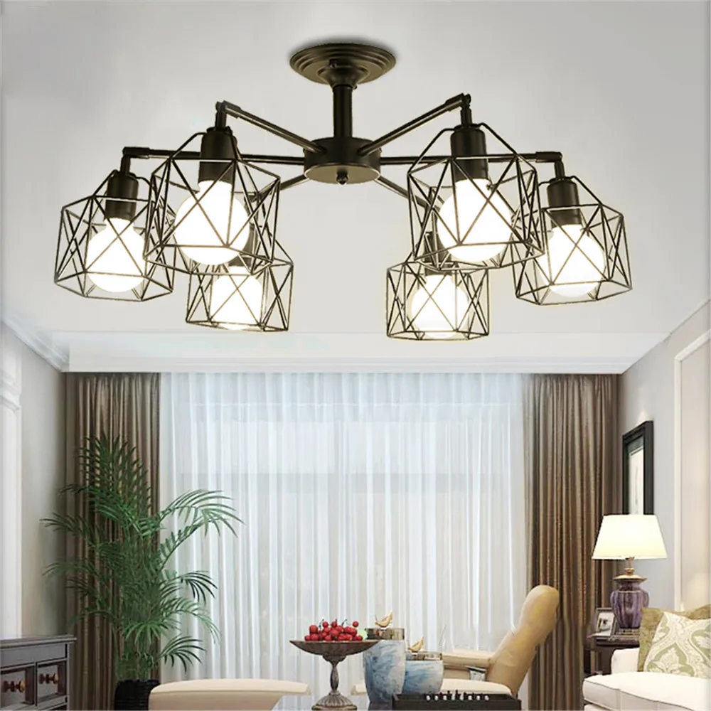 

Modern Black Chandelier Lighting American Iron Cage Ceiling Lamp Light Fixtures Kitchen Luminiare Bedroom Living Room Home Light