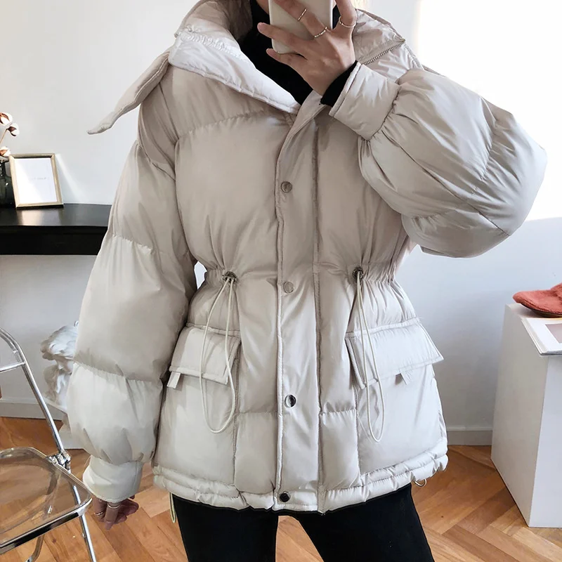 

Women Winter Cotton Thicken Jackets Windproof Warm Drawstring Waist Loose Hooded Large Sizes Puffer Coats Outerwear