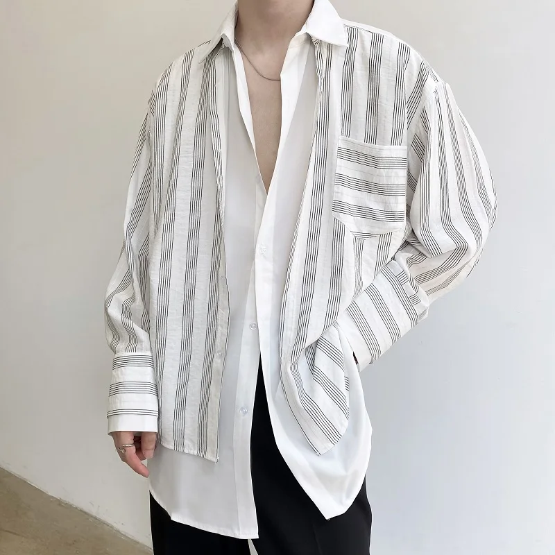 Men'S Long-Sleeve Shirt Spring And Autumn New Personality False Two Stripes Daily Casual Loose Fashion Large Size Shirt