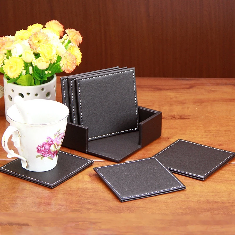 

6PCS Creative PU Leather Coaster Drink Coffee Cup Mat Tea Pad Dining Table Placemats Round Tea Pad Table Pad Holder