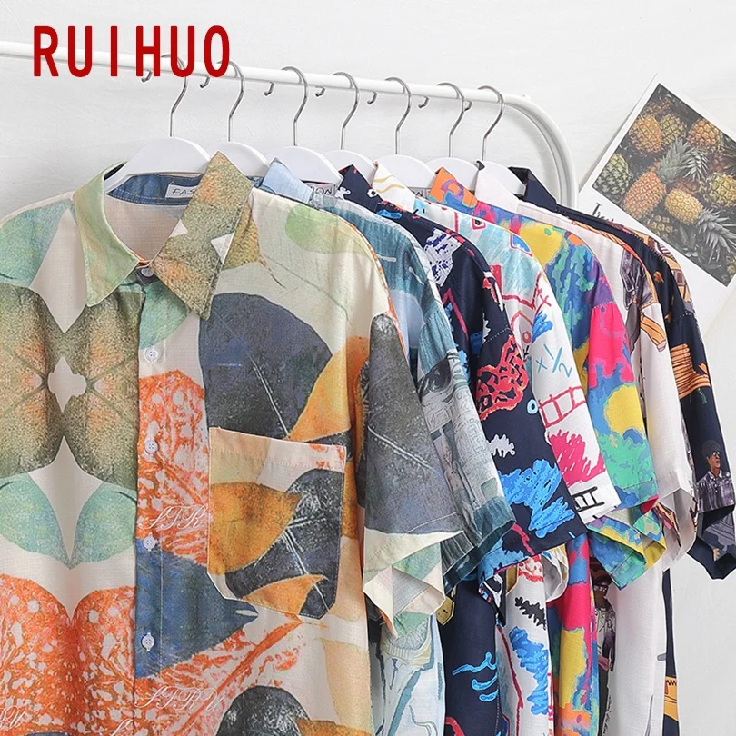 

RUIHUO 2021 Summer New Hawaiian Short Sleeve Shirt Men Slim Fit Cotton Social Casual Shirts Men Clothing Brand Tops M-2XL