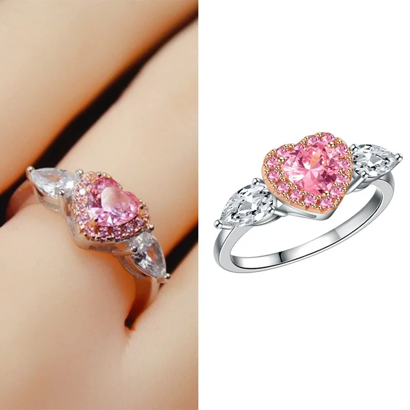 

Mifeiya Classic Pink Heart Love Shaped Crystal Open Adjustable Ring with White Water Drop Rhinestone CZ for Women Party Jewelry