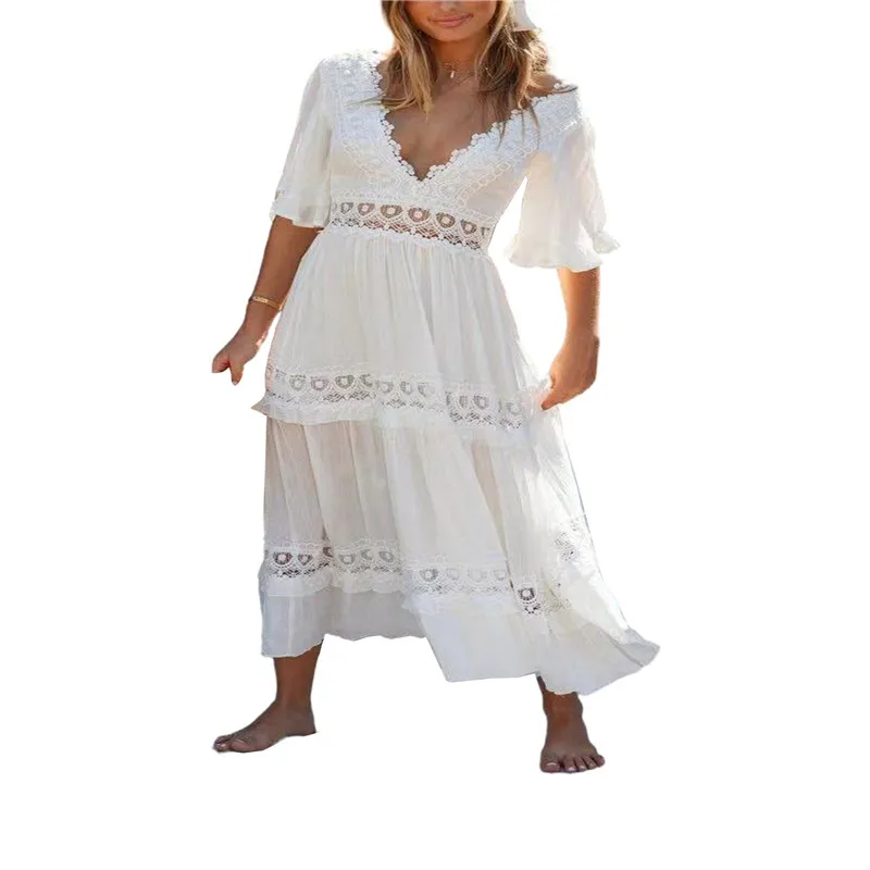 

Women Sexy V-Neck Backless Lace Dress Stylish Ruffle Sleeve Swing Dress Solid Color Slim A-line Dress For Dating/Vacation