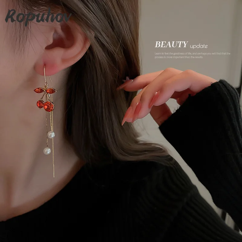 

Ropuhov 2021 New 925 Silvery Needle Woman Korean Diamond Pearl Cherry Tassel Thread Fruit Sweet Long Earrings
