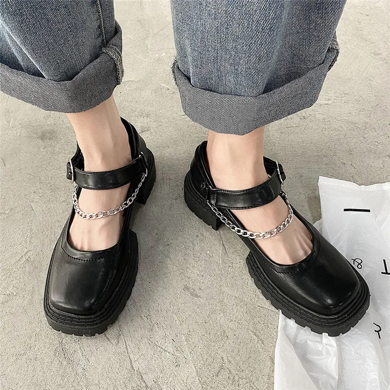 

Fashion Designer Black Leather Chain Motorcycle Shoes Women Gothic Punk Platform Wedges Square Toe Chunky Flats Mary Jane Shoes