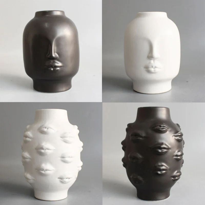 

Vintage Sexy Lips White/Black Vase Human Face Flower Pot Home Garden Ornament Ceramic Crafts Desktop Decorative Accessories