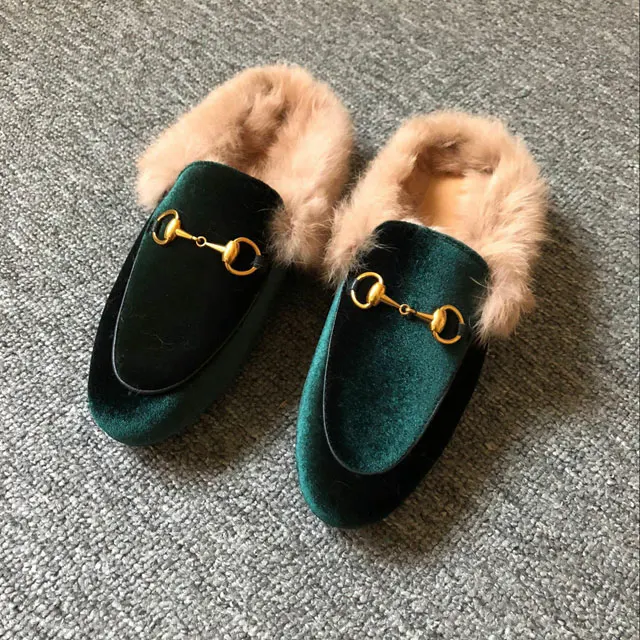 Fur Green Velvet VISI HOP/ г.; модные Настоящий мех кролика; Шлепанцы из натуральной кожи; женские пушистые тапочки; зимняя теплая обувь - Цвет: Fur Green Velvet