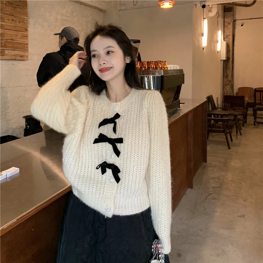 

Sweaters&Jumpers Women's Clothing O Neck Puff Long Sleeve Bow Knitted Cardigan Top Gentle Single-breasted Jacket Pull Femme