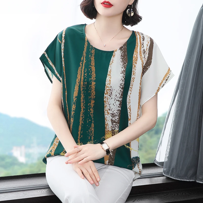 

COIGARSAM Blouse Women Summer 2021 Casual Short Sleeve Chiffon Loose O-Neck Blusas Womens Tops And Blouses