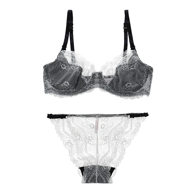 

Sexy woman French ultra-thin breathable gather bra sexy transparent lace comfortable breathable support bra set WT039
