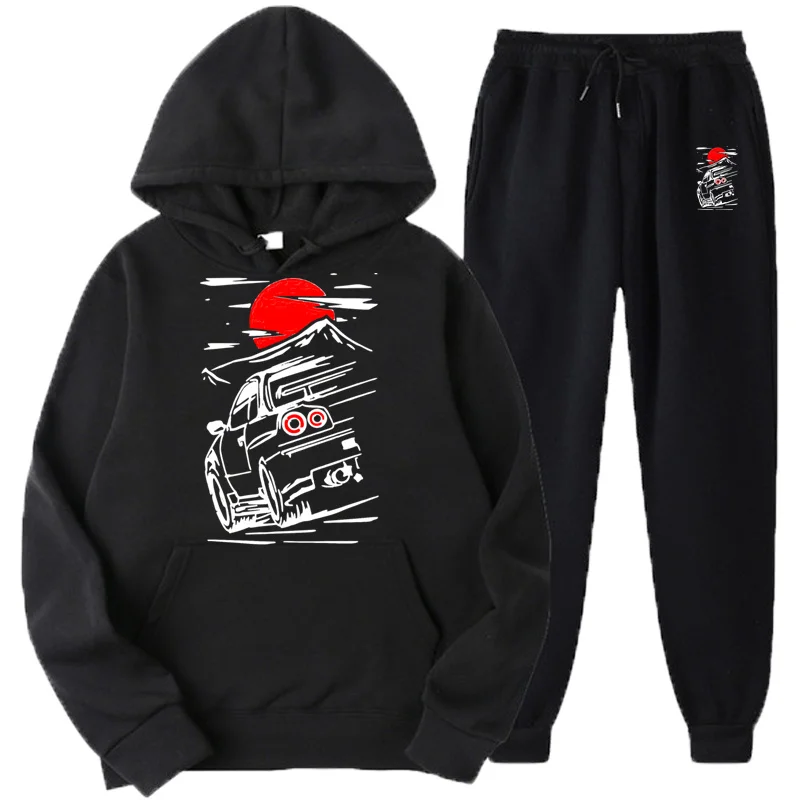 Solid Color Men Set Casual Men's Autumn Winter Fleece Japanese JDM Hoodies + Pants Two-Piece Tracksuit Trendy Sportswear | Мужская