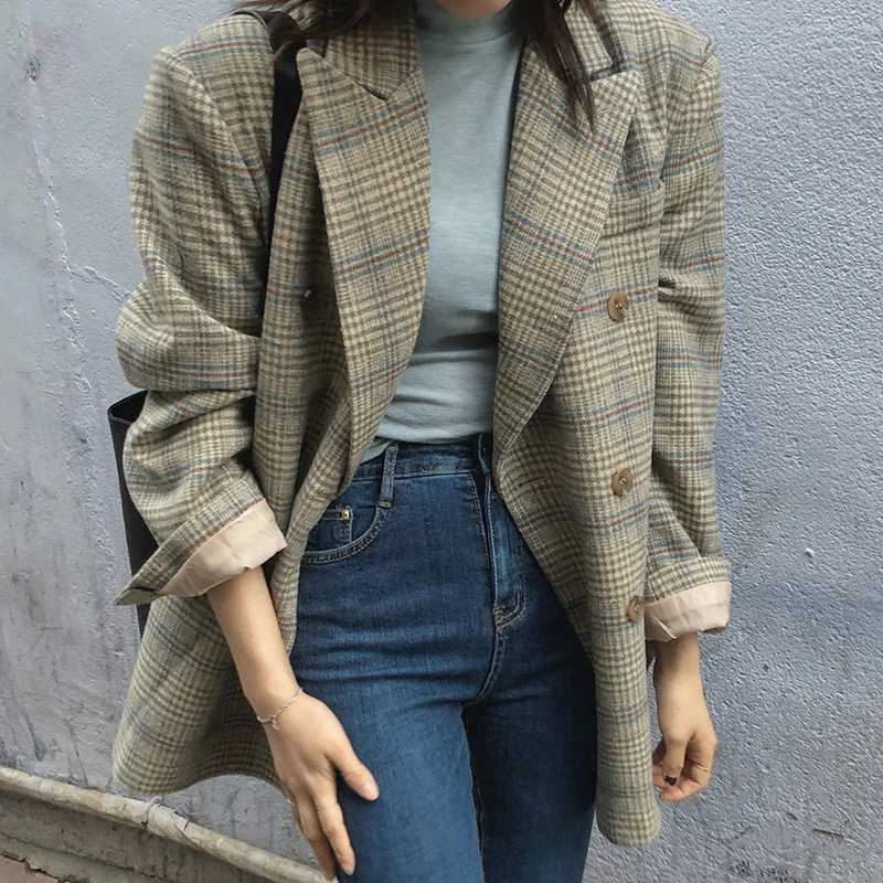 2020 модный винтажный осенний клетчатый Блейзер Женский костюм с воротником