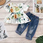 Комплекты одежды для новорожденных девочек, укороченный топ с цветочным принтом + джинсовые штаны с дырками, комплект одежды для маленьких девочек