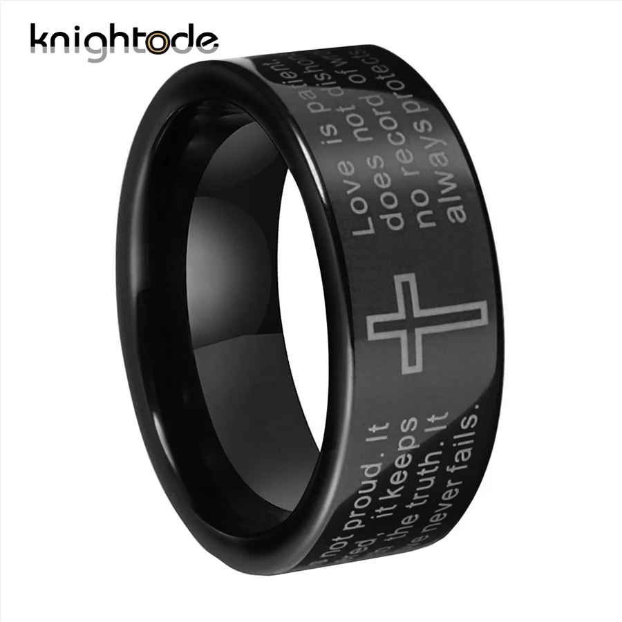 8mm Laser Engraved Bible Verse Christian Lord Prayer Cross Ring For Men Women Tungsten Steel Wedding Bands Polished Comfort Fit