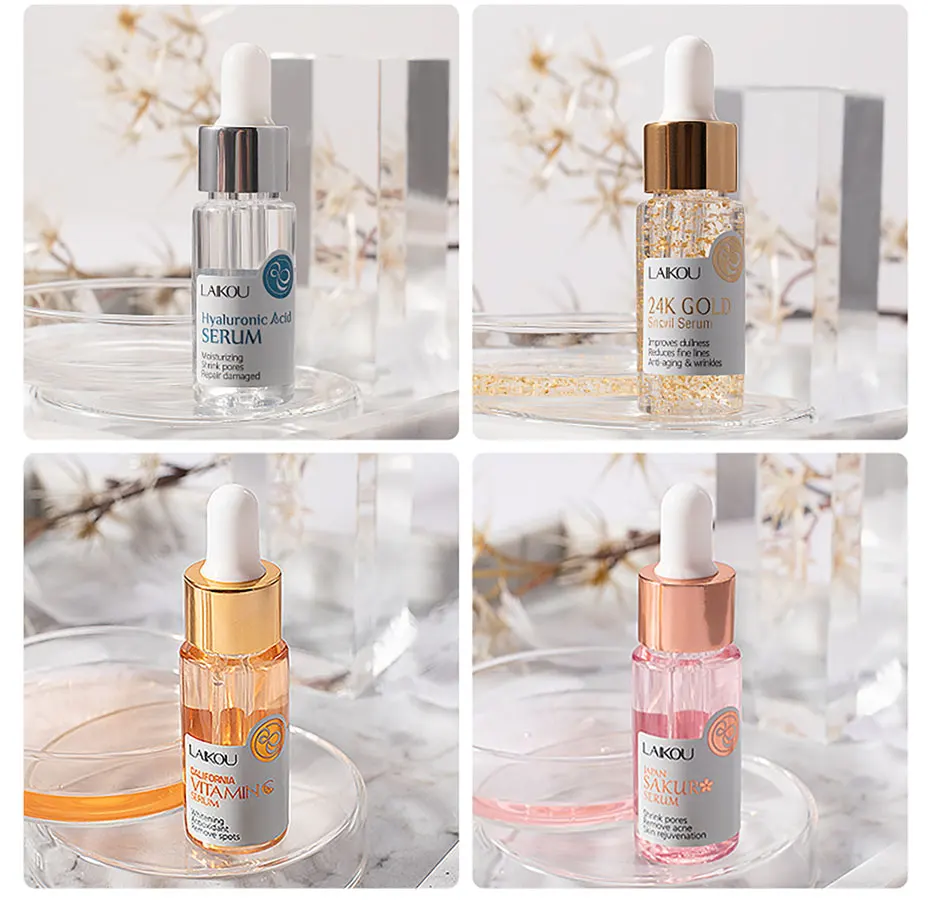 LAIKOU 15ml Original Serum Sakura Anti Aging Hyaluronic Acid Pure 24K Gold Whitening Vitamin C Essence Skin Care Face Serums