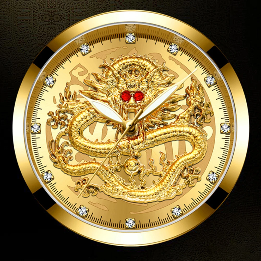 

Wrist Gold Dragon Stainless Steel Analog Sculpture Fashion Clock Round Dial Men Watch Calendar Luxury Waterproof Quartz Luminous