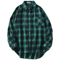 brand 2021 spring autumn long sleeves new flannel collar korea style green red shirt for mens plaid harajuku clothing