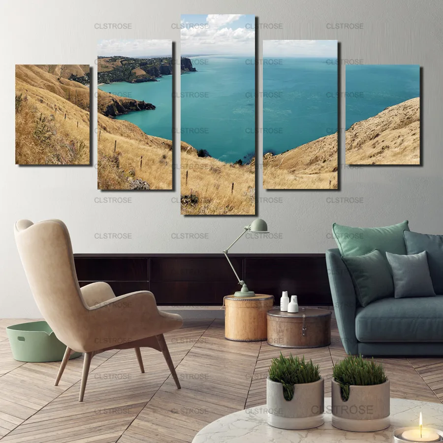 

The Cyan Sea and The Rolling Mountains By The Sea Poster 5Pcs Home Living Room Wall Art Irregular Decorative Canvas Painting