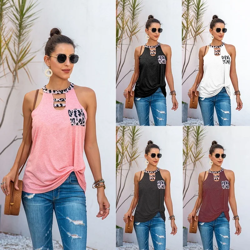 

Women T-Shirt Summer Sexy Hollow Out Sleeveless Tops Fashion Leopard Print Pocket Patchwork Tank Top Casual Loose Clothes