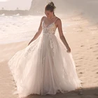 Кружевное Прозрачное платье-трапеция из тюля на тонких бретельках с V-образным вырезом и аппликацией, свадебное платье на молнии, 2021