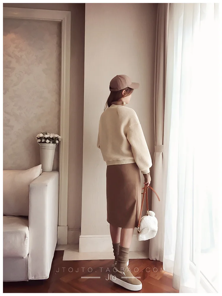 

Winter women Sweater Two-Piece Set Package Hip Skirt Thick Female Western Style suit Autumn Winter Sweater Skirt Set Lambs Wool