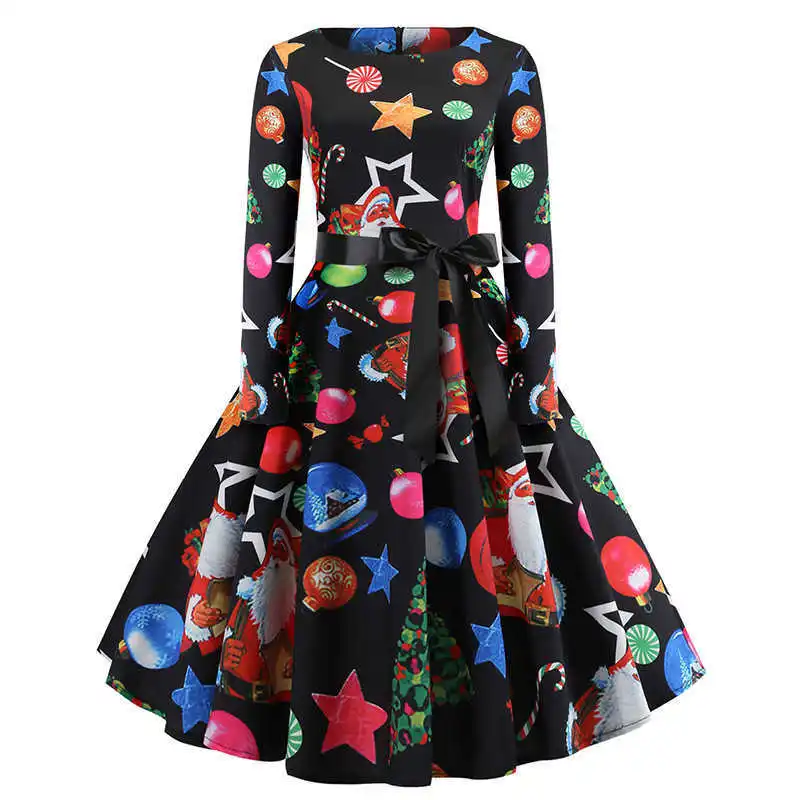 

Womens Long Sleeve Waist Tie up Dresses Christmas Print Dress with Belt