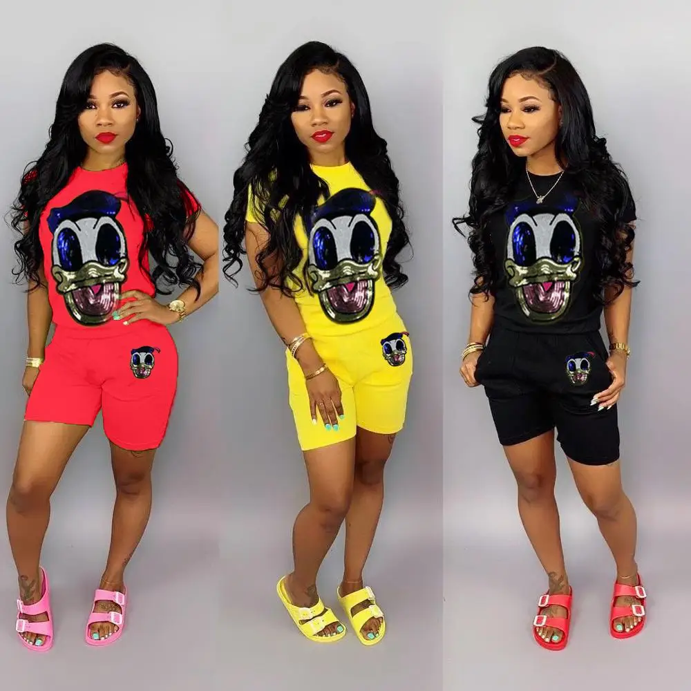 Европейский женский летний комплект с круглым вырезом и пайетками спортивный