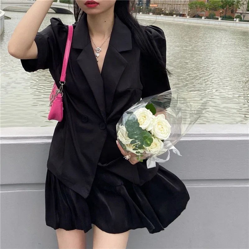 

Sexy One Button Mid Women Blazer Korean High Waist Irregular 2 Color Pleated Mini Skirt Half Sleeve Suits 2 Pieces Set Vintage