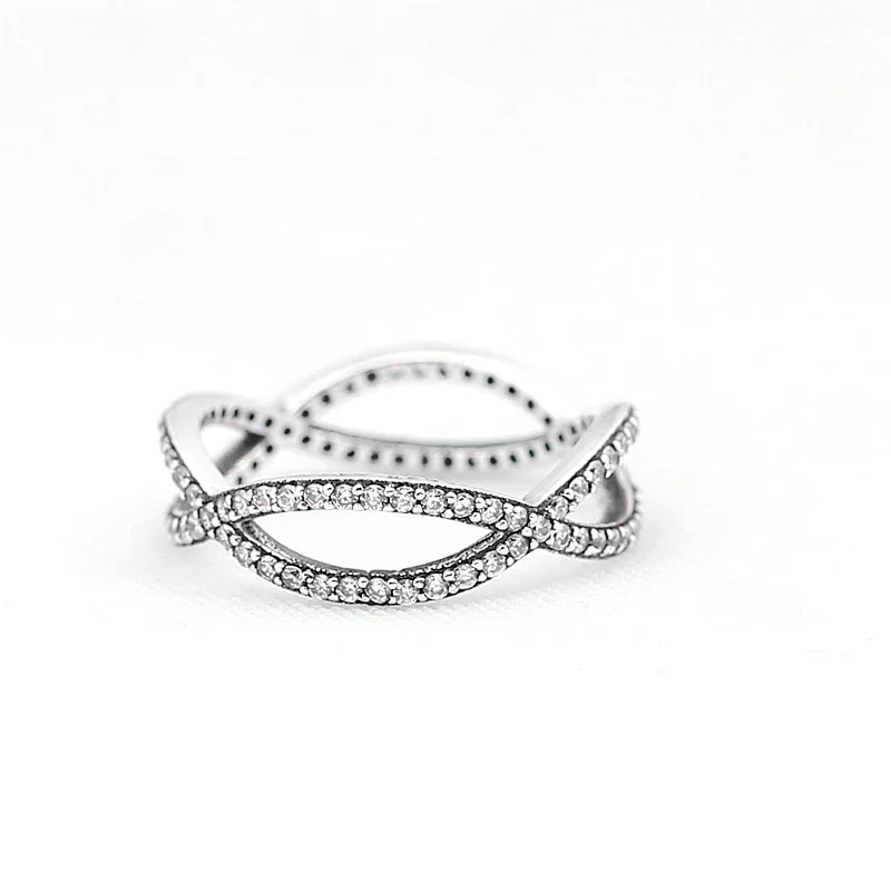 

New 925 Sterling Silver pan Ring Entwined Silver Feature With Crystal Rings For Women Wedding Party Gift Fine Jewelry
