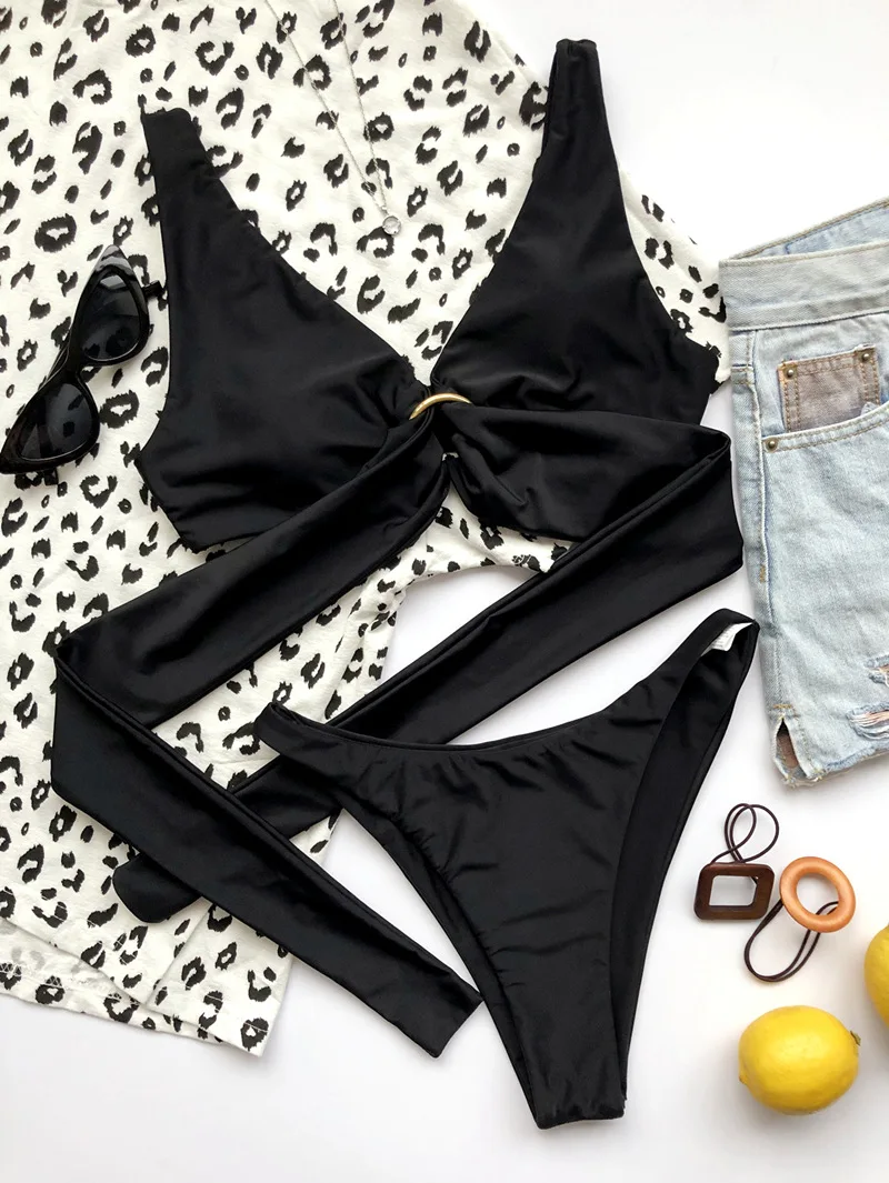 

Women's Ring Bikini Swimsuit Two Piece Fashion Double-sided Plain Color Lace Up Bathing Suit with Chest Pad