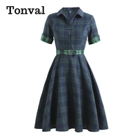tonval blue and green plaid vintage women button up shirt dress with belt spring 2021 cotton elegant ladies midi swing dresses