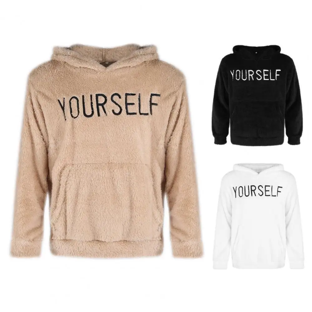 Chic Sweatshirt Pocket Plush Letters Pockets Pullover Hooded Sweatshirt Hooded Sweatshirt Pullover