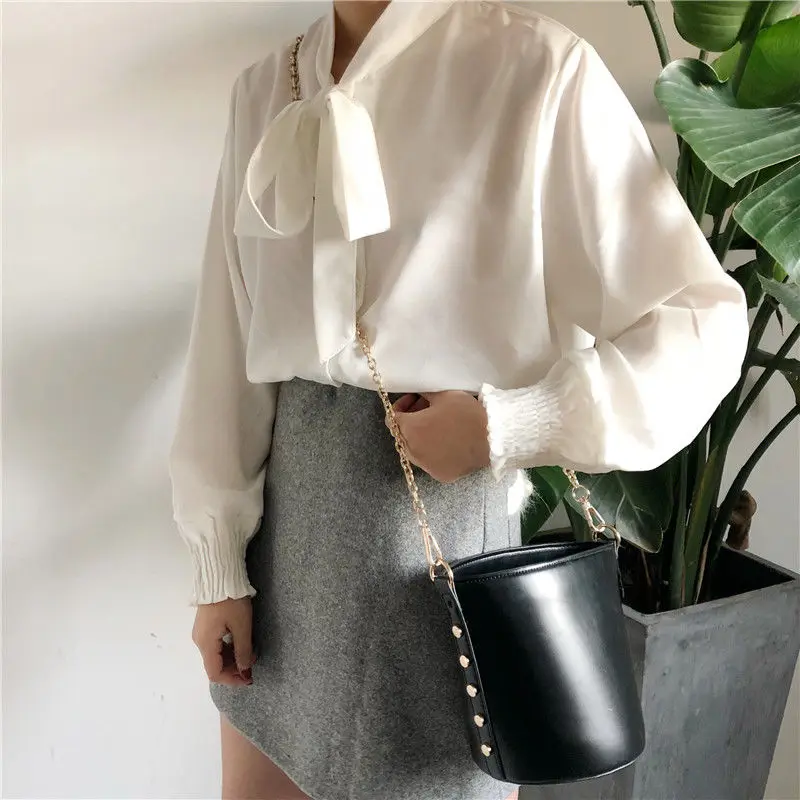 

Shirts Women Bow Puff Sleeve Single Breasted Button Kawaii Lovely Korean Chic Vintage Students Daily Streetwear Womens All-match